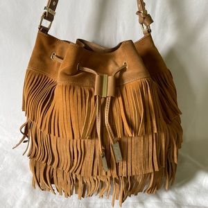 Vince Camuto Camel Tan Suede Fringe Shoulder Bag